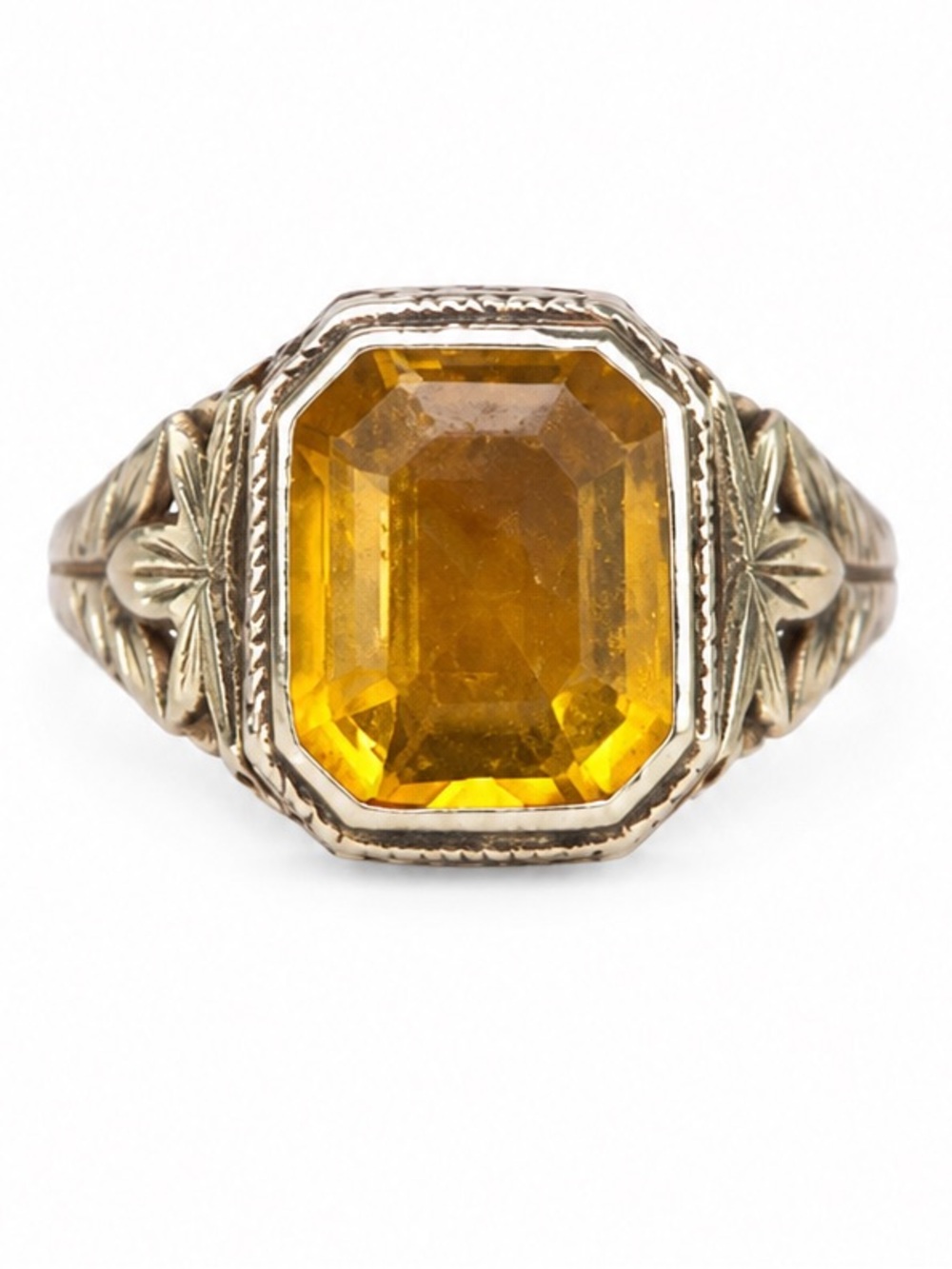 10K Yellow & Green Gold Filigree Ring art deco Orange Stone Vintage Size 5 - Picture 2 of 15